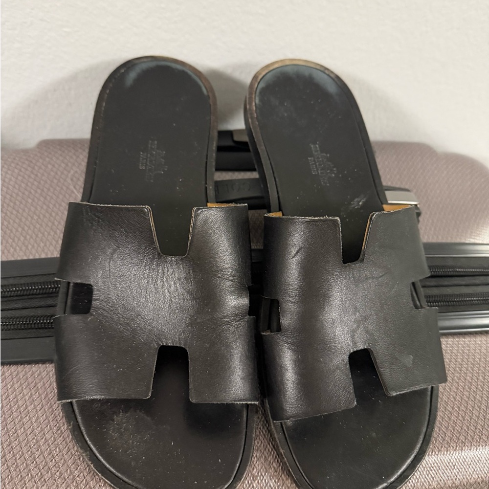 Hermes Black Leather Slide Sandals